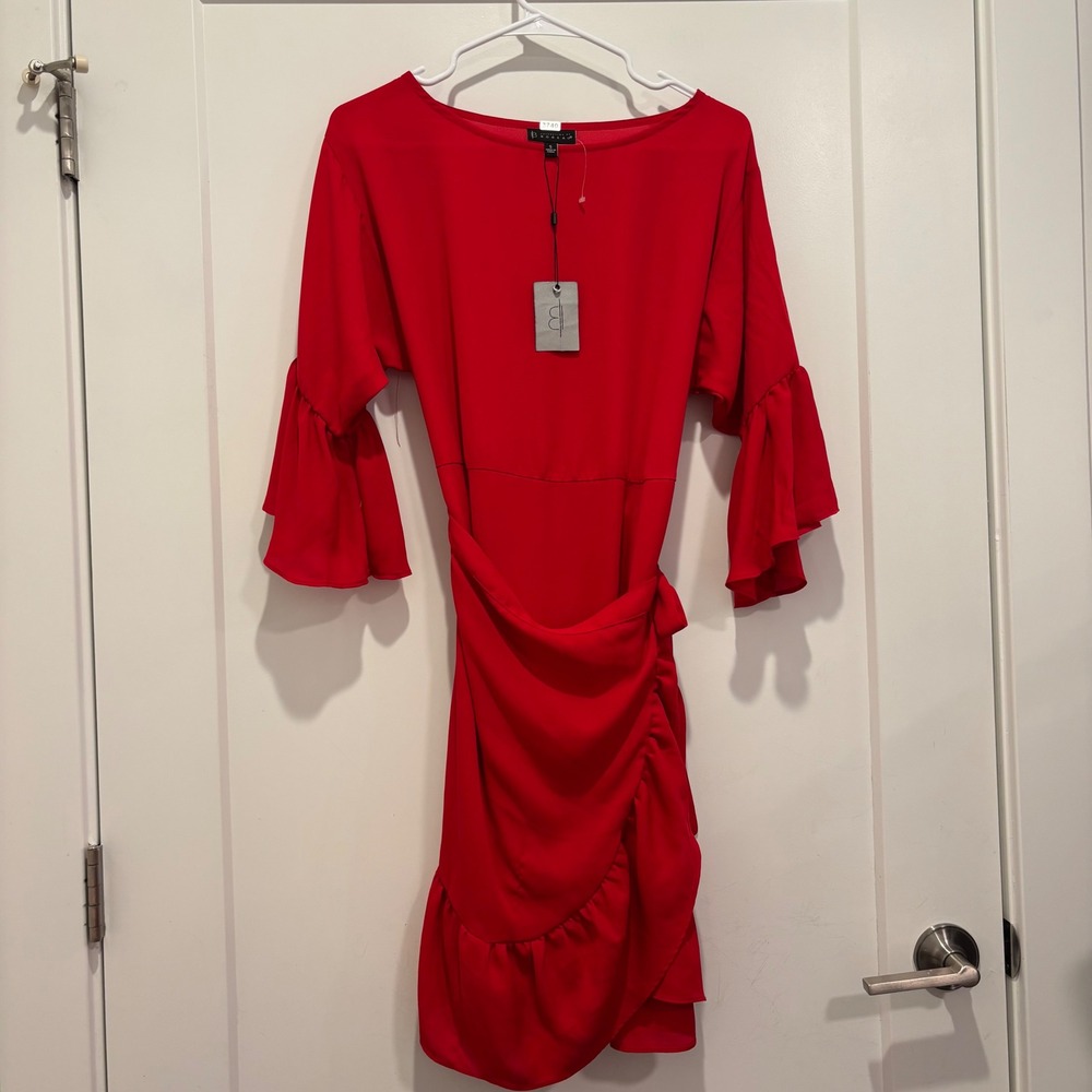 Bobeau Red Faux Wrap Bell Sleeve Ruffle Hem Dress MDS8W05C Womens Small NWT